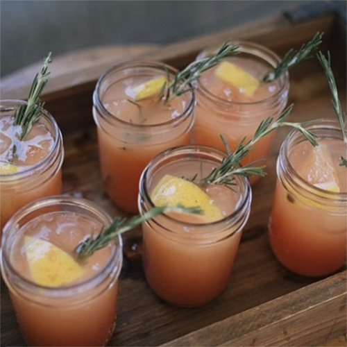 Six glasses of pale orange cocktails with orange wedge and spring of rosemary